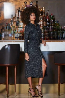 Black Luxe Sparkle Ruched Front Jersey Shirt Dress 9 Black Luxe Sparkle Ruched Front Jersey Shirt Dress -Sosandar Fashion Store web 2309 44 a23dj069bk0001 44 225