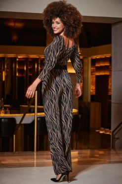 Brown & Black Geometric Print Wide Leg Jumpsuit With Belt -Sosandar Fashion Store web 2309 48 a23jj006bkcv01 48 121