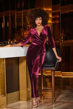 Burgundy Velvet Diamante Stud Faux Wrap Jumpsuit 11 Burgundy Velvet Diamante Stud Faux Wrap Jumpsuit -Sosandar Fashion Store web 2309 58 a23jv002rd0004 58 071