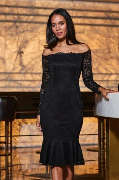 Black Lace Peplum Hem Bardot Dress -Sosandar Fashion Store web 2309 74 a23dj025bk0001 74 059 rt