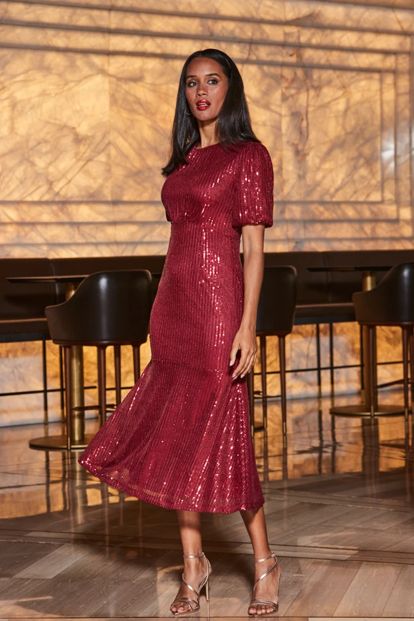 Red Sequin Fit & Flare Puff Sleeve Midi Dress 7 Red Sequin Fit & Flare Puff Sleeve Midi Dress - Image 5