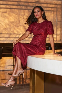 Red Sequin Fit & Flare Puff Sleeve Midi Dress 14 Red Sequin Fit & Flare Puff Sleeve Midi Dress -Sosandar Fashion Store web 2309 79 a23dw051rd0001 79 083