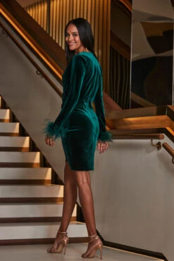 Emerald Green Velvet Feather Cuff Wrap Pencil Dress -Sosandar Fashion Store web 2309 83 a23dv006gr0001 83 095