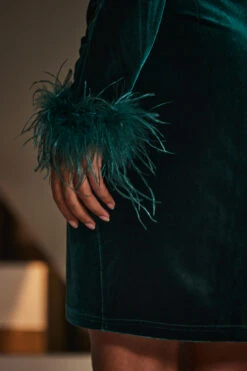 Emerald Green Velvet Feather Cuff Wrap Pencil Dress -Sosandar Fashion Store web 2309 83 a23dv006gr0001 83 110