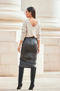 Black Leather Gold Button Midi Pencil Skirt -Sosandar Fashion Store web 2309 87 a23sl005bk0001 a23tk280bn0003 87 293