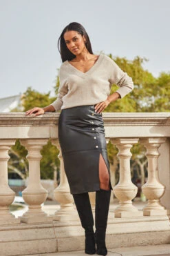 Black Leather Gold Button Midi Pencil Skirt -Sosandar Fashion Store web 2309 87 a23sl005bk0001 a23tk280bn0003 87 357