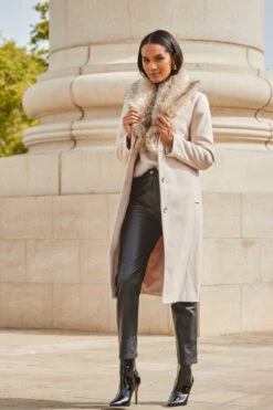 Oatmeal Faux Fur Shawl Collar Longline Coat 10 Oatmeal Faux Fur Shawl Collar Longline Coat -Sosandar Fashion Store web 2309 91 a23ow030bn0003 a22bl020bk0001 91 095