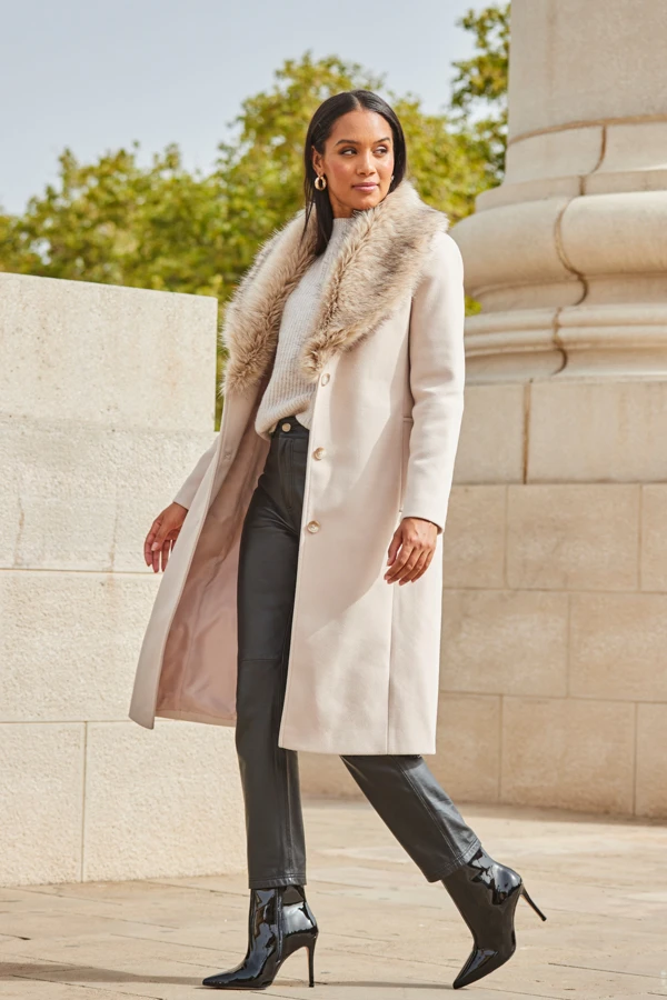 Oatmeal Faux Fur Shawl Collar Longline Coat 6 Oatmeal Faux Fur Shawl Collar Longline Coat - Image 4