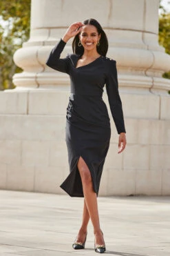 Black Asymmetric Neckline Pencil Dress With Button Detail 10 Black Asymmetric Neckline Pencil Dress With Button Detail -Sosandar Fashion Store web 2309 94 a23dw093bk0001 94 083