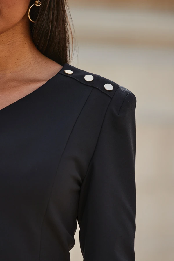 Black Asymmetric Neckline Pencil Dress With Button Detail 7 Black Asymmetric Neckline Pencil Dress With Button Detail - Image 5