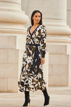 Black Floral Print Contrast Trim Midi Wrap Dress -Sosandar Fashion Store web 2309 95 a23dj021bkcv01 95 080