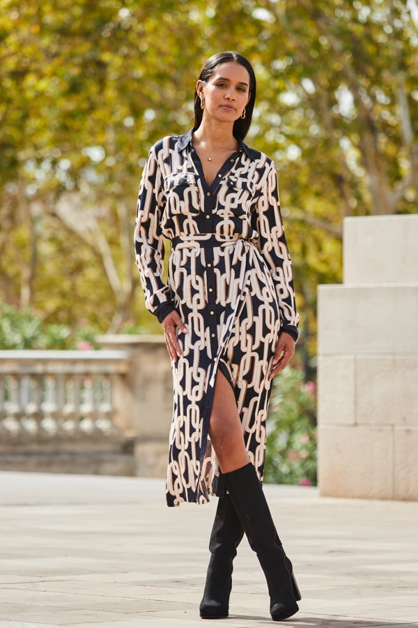 Black Chain Print Contrast Trim Belted Shirt Dress 4 Black Chain Print Contrast Trim Belted Shirt Dress - Image 2