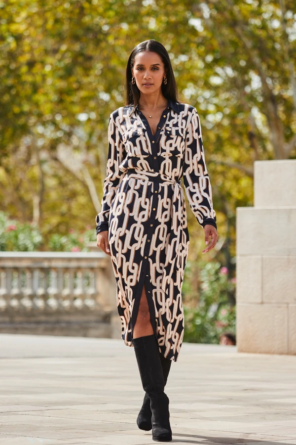 Black Chain Print Contrast Trim Belted Shirt Dress 6 Black Chain Print Contrast Trim Belted Shirt Dress - Image 4