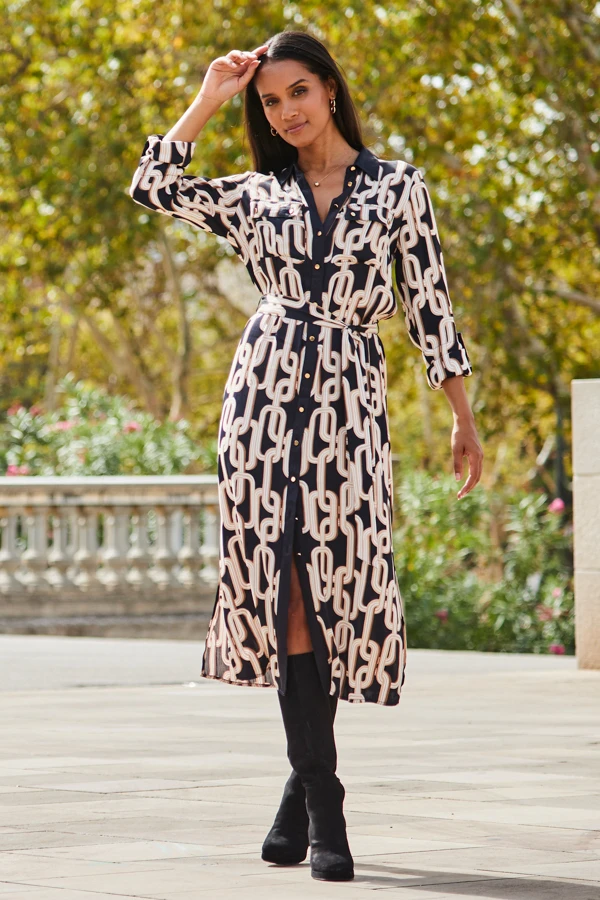 Black Chain Print Contrast Trim Belted Shirt Dress 3 Black Chain Print Contrast Trim Belted Shirt Dress