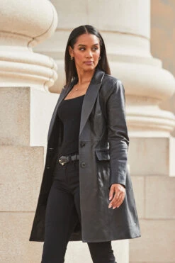 Black Premium Leather Longline Coat 11 Black Premium Leather Longline Coat -Sosandar Fashion Store web 2309 97 a23ol004bk0001 s21ac024blan010one 97 108