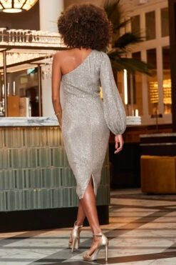 Champagne Gold Sequin One Sleeve Midi Dress -Sosandar Fashion Store web 2310 01 a23dw018mc0005 01 119