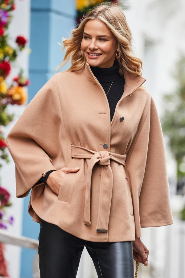 Camel Faux Wool Belted Cape Coat 6 Camel Faux Wool Belted Cape Coat - Image 4