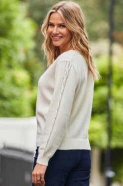 Cream Embellished Cable Sleeve Jumper -Sosandar Fashion Store web 2310 09 s24tk351nl0001 a23bd005in006w 09 21391