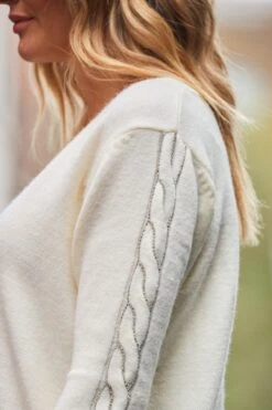 Cream Embellished Cable Sleeve Jumper -Sosandar Fashion Store web 2310 09 s24tk351nl0001 a23bd005in006w 09 21400