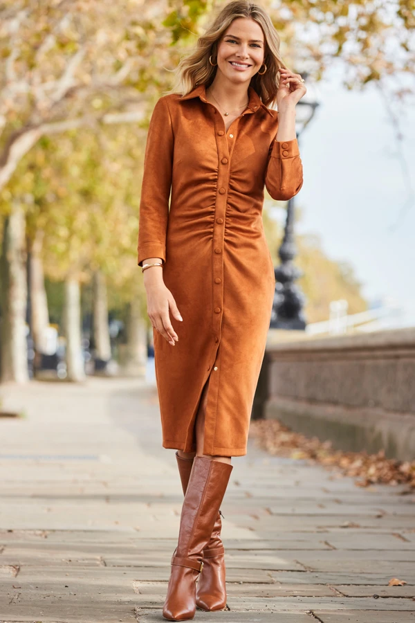 Tan Ruched Front Faux Suede Midi Shirt Dress 4 Tan Ruched Front Faux Suede Midi Shirt Dress - Image 2