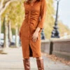 Tan Ruched Front Faux Suede Midi Shirt Dress -Sosandar Fashion Store web 2310 10 a23dp019bn0004 10 064