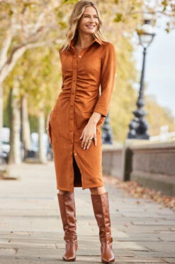 Tan Ruched Front Faux Suede Midi Shirt Dress