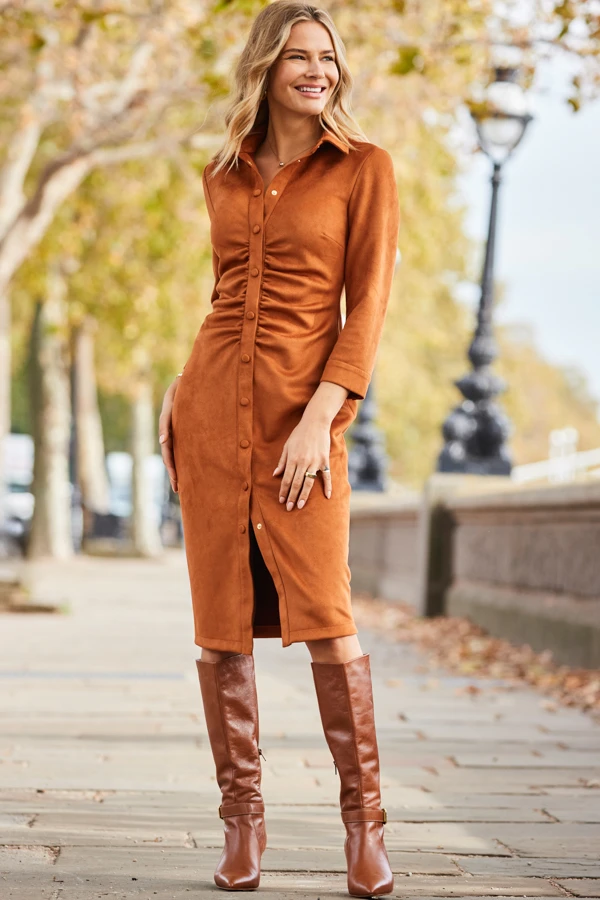 Tan Ruched Front Faux Suede Midi Shirt Dress 3 Tan Ruched Front Faux Suede Midi Shirt Dress