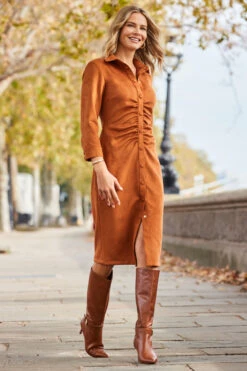 Tan Ruched Front Faux Suede Midi Shirt Dress 11 Tan Ruched Front Faux Suede Midi Shirt Dress -Sosandar Fashion Store web 2310 10 a23dp019bn0004 10 126