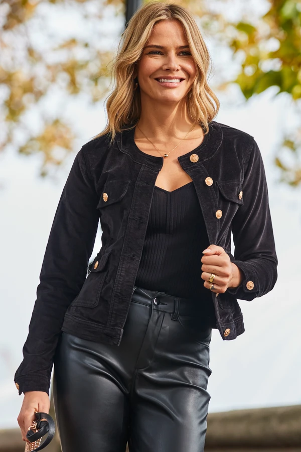 Black Velvet Round Neck Pocket Front Jacket 7 Black Velvet Round Neck Pocket Front Jacket - Image 5