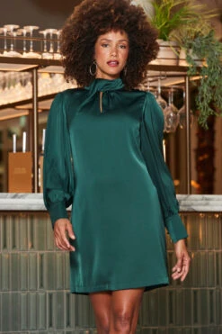 Emerald Green Satin Twist Neck Detail Shift Dress