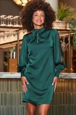Emerald Green Satin Twist Neck Detail Shift Dress -Sosandar Fashion Store web 2310 18 a23dw090gn0032 a23ol008bk0001 18 078