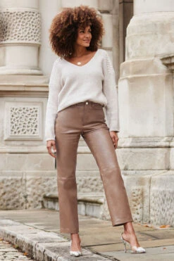 Taupe Leather Straight Leg Trousers
