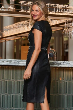 Black Leather Stud Detail V Neck Pencil Dress -Sosandar Fashion Store web 2310 20 a23dl003bk0001 20 165