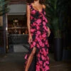 Black & Pink Floral Print Ruffle Detail Maxi Dress