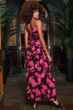 Black & Pink Floral Print Ruffle Detail Maxi Dress -Sosandar Fashion Store web 2310 25 a23dw128bkfl01 25 149