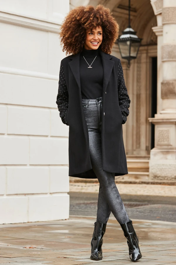 Black Stud Sleeve Detail Formal Coat 4 Black Stud Sleeve Detail Formal Coat - Image 2