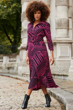 Pink & Black Geometric Print Belted Midi Dress