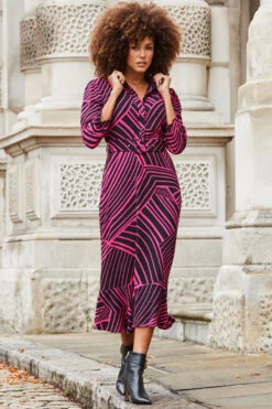 Pink & Black Geometric Print Belted Midi Dress 12 Pink & Black Geometric Print Belted Midi Dress -Sosandar Fashion Store web 2310 30 a23dw039pkge01 30 100