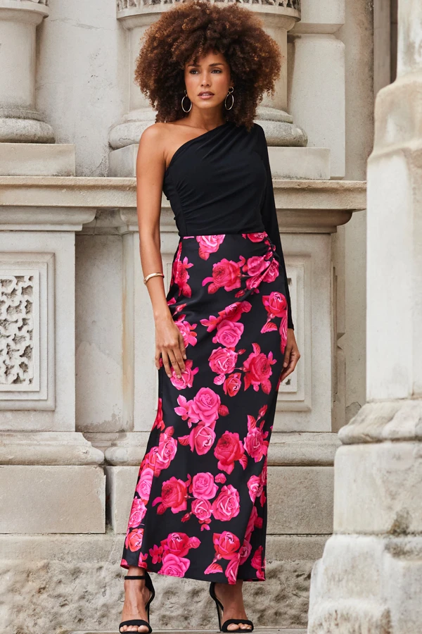 Black Floral Print Ruched Detail Satin Maxi Skirt 3 Black Floral Print Ruched Detail Satin Maxi Skirt