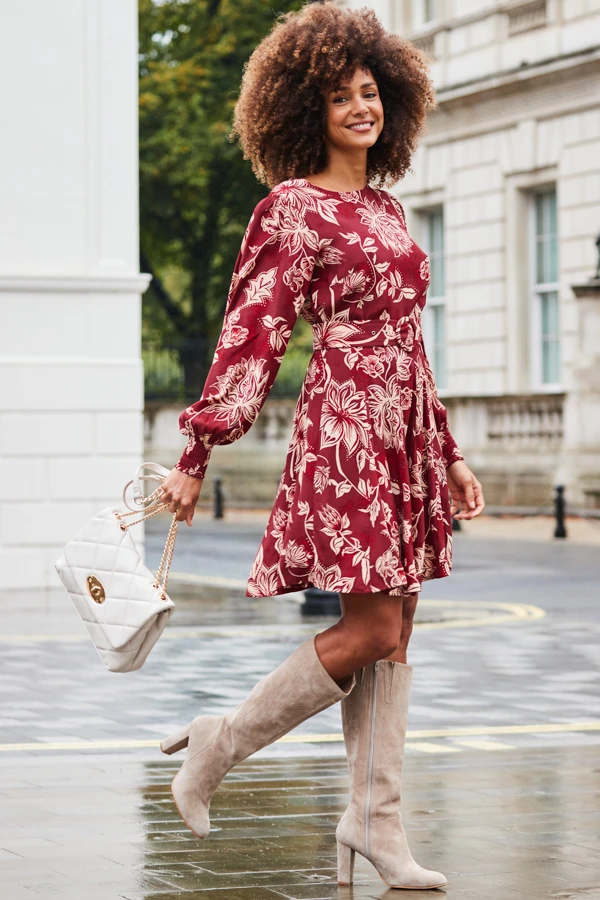 Burgundy & Ecru Floral Print Belted Fit & Flare Dress 3 Burgundy & Ecru Floral Print Belted Fit & Flare Dress