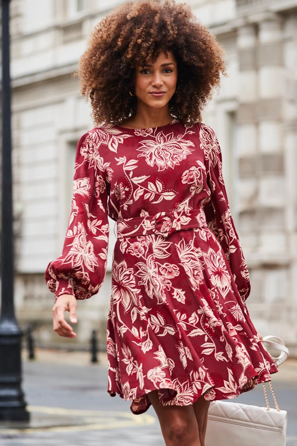 Burgundy & Ecru Floral Print Belted Fit & Flare Dress 4 Burgundy & Ecru Floral Print Belted Fit & Flare Dress - Image 2
