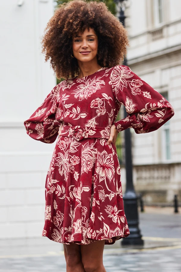 Burgundy & Ecru Floral Print Belted Fit & Flare Dress 5 Burgundy & Ecru Floral Print Belted Fit & Flare Dress - Image 3