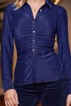 Midnight Blue Metallic Jersey Ruched Detail Shirt -Sosandar Fashion Store web 2310 43 a23tj059be0027 a22bd009be0028 43 104 rt