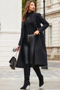 Black Double Breasted Longline Wool Coat -Sosandar Fashion Store web 2310 45 a23ow026bk0001 a23bp013bk0001 45 051