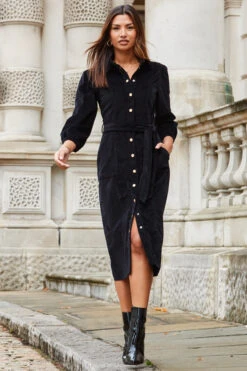 Black Velvet Puff Sleeve Popper Front Midi Dress -Sosandar Fashion Store web 2310 47 a23dd013bk0001 47 078