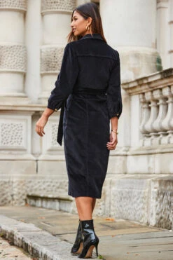 Black Velvet Puff Sleeve Popper Front Midi Dress -Sosandar Fashion Store web 2310 47 a23dd013bk0001 47 116