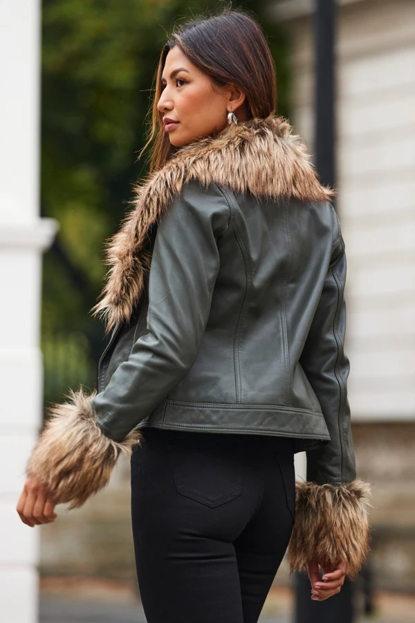 Khaki Green Leather Biker Jacket With Faux Fur Trim 6 Khaki Green Leather Biker Jacket With Faux Fur Trim - Image 4