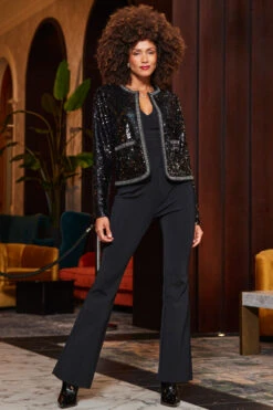 Black Premium Sequin Contrast Trim Jacket -Sosandar Fashion Store web 2310 49 s23ow073bk0001 23bj001bk0001 a23bj002bk0001 49 021