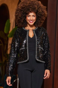 Black Premium Sequin Contrast Trim Jacket -Sosandar Fashion Store web 2310 49 s23ow073bk0001 23bj001bk0001 a23bj002bk0001 49 058
