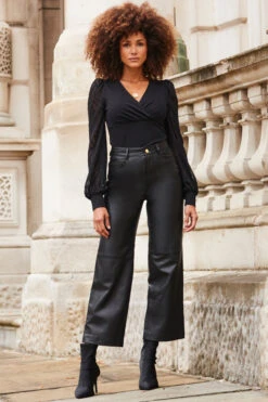 Black Leather Straight Leg Cropped Trousers -Sosandar Fashion Store web 2310 51 a23bl003bk0001 s23tj176bk0001 51 072 rt